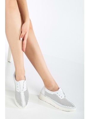 Analin Shoes Kadın  Deri Günlük Lazerli Bağcıklı Rahat Ayakkabı - Beyaz