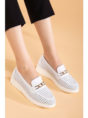 Analin Shoes Kadın  Deri Günlük Lazerli Tokalı Rahat Ayakkabı - Beyaz