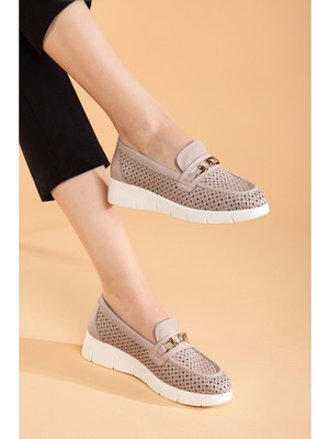 Analin Shoes Kadın  Deri Günlük Lazerli Tokalı Rahat Ayakkabı - Silvergrey
