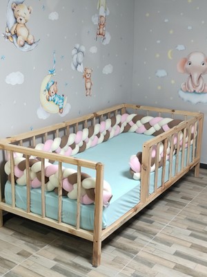Lucky Kids 500 cm Örgü Korumalık Kahverengi-Tozpembe-Beyaz 4'lü Örgü / 90X190 Montessori Yatak Kapı Boşluğu Açık