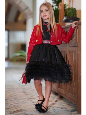 Kız Çocuk Sıfır Kol Beli Taş Şerit Detaylı Eteği Kat Kat Tüllü Parlak Deri Ceketli Siyah Elbise