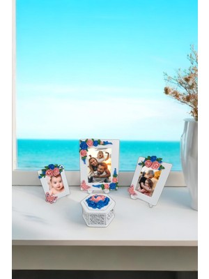 Ay Dizayn Gül ve Kelebek Motifli Polyester Fotoğraf Çerçeveleri ve Şekerlik - Beyaz