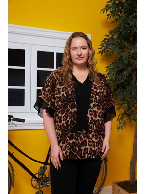Kadın Leopar Desenli Volan Kol Detaylı Büyük Beden Bluz