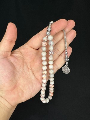 Anemore Collection BEYAZ KAHVERENGİ DESENLİ AKİK DOĞALTAŞ TESBİH KÜRE KESİM T-552