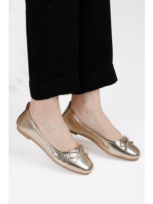 Renkli Butik Fiyonklu Kadın Balerin Babet Altın Yılan Desen Gold, Gümüş, Leopar Renklerde