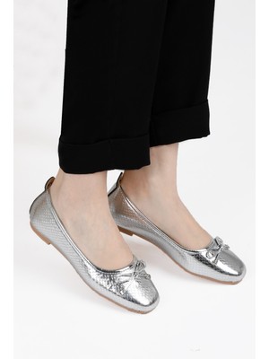 Renkli Butik Fiyonklu Kadın Balerin Babet Altın Yılan Desen Gold, Gümüş, Leopar Renklerde
