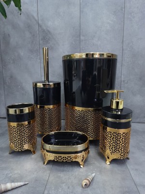 Bonny Home Avangard Krem Üzeri Gold İşlemeli 5'li Banyo Seti