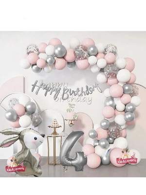 Bkmc Gümüş Pembe Lüks 4 Yaş Tavşan Folyo Doğum Günü Süsü Doğum Günü Parti Balon Zincir Set