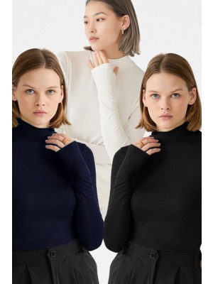 Kadın Siyah Beyaz Lacivert 3'lü Parmak Detaylı Ultra Soft Body