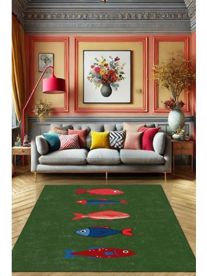 The Reef Design Renkli Balıklı Modern Desenli Dokuma Kaymaz Tabanlı Dekoratif Salon Halısı Yıkanabilir Mutfak Halısı Yazlık Halısı