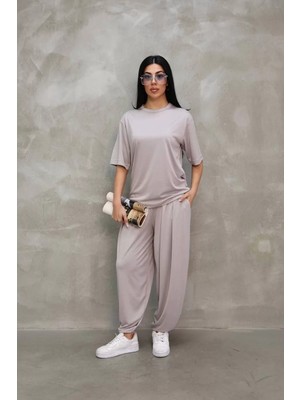 Osy Modal Yumuşak Dokulu Kumaş Oversize Bisiklet Yaka T-Shirt Jogger Eşofman Altı Eşofman Takımı - Gri