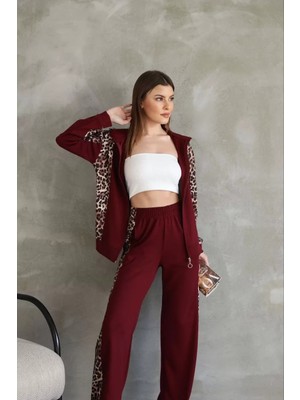 Osy Modal Yumuşak Dokulu Kumaş Kapüşonlu Leopar Desenli Fermuarlı Takım - Bordo