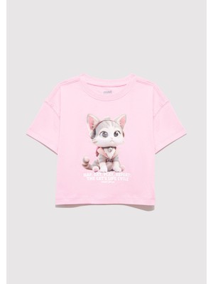 Mavi Kedi Baskılı Pembe Crop Tişört 7610281-70973