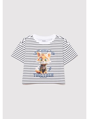 Mavi Kedi Baskılı Çizgili Crop Tişört 7610280-85308