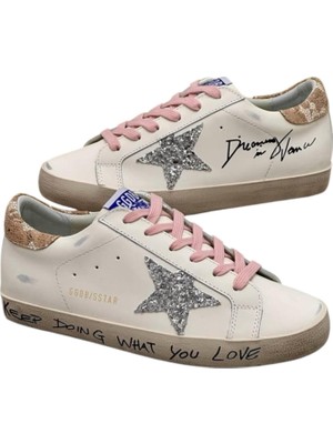 Globalux Golden Goose Super-Star Silver Glitter Star Pink Heeled Women's shoes - Kadın sneaker