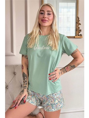 Mint Fabulous Desenli Kısa Kollu Şortlu Örme Kadın Pijama Takımı
