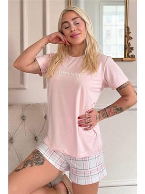 Pijama Evi Pudra Sweet Soul Ekose Desenli Kısa Kollu Şortlu Örme Kadın Pijama Takımı