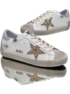 Globalux Golden Goose Super-Star Gold Glitter Silver Heeled Women's shoes-Kadın sneaker ayakkabı