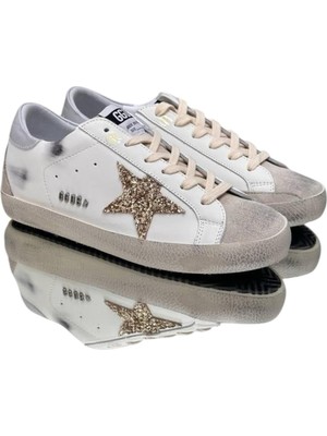 Globalux Golden Goose Super-Star Gold Glitter Silver Heeled Women's shoes-Kadın sneaker ayakkabı