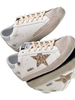 Globalux Golden Goose Super-Star Gold Glitter Silver Heeled Women's shoes-Kadın sneaker ayakkabı
