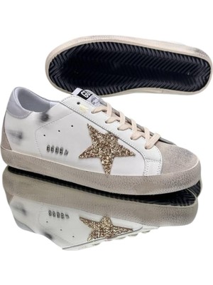 Globalux Golden Goose Super-Star Gold Glitter Silver Heeled Women's shoes-Kadın sneaker ayakkabı