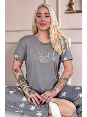 Gri Smile Everyday Desenli Bambu Kısa Kol Kadın Pijama Takımı