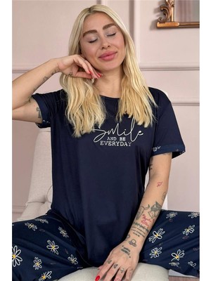Lacivert Smile Everyday Desenli Bambu Kısa Kol Kadın Pijama Takımı
