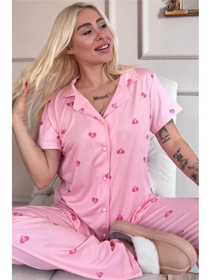 Pembe B Desenli Bambu Önden Düğmeli Kısa Kol Pijama Takımı