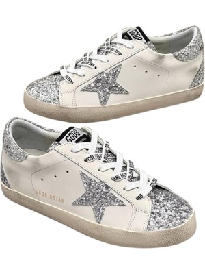 Globalux Golden Goose Super-Star White-Silver Leather And Coarse glitter Women's Shoes-Kadın Sneakers ayakkabı