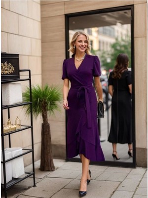 Defy Moda Kadın Kruvaze Yaka Midi Boy Kuşaklı Krep Elbise 120 cm