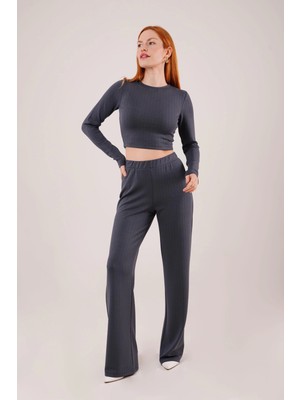 Defy Moda Fitilli Bluz ve Pantolon Antrasit Ikili Takım