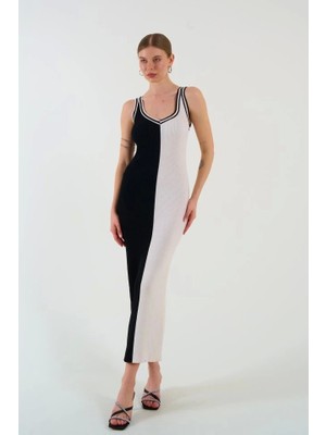 Defy Moda Iki Renki Kolsuz Elbise - Siyah-Krem