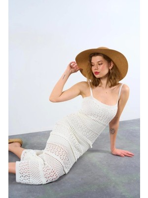 Defy Moda Ajurlu Astarlı Elbise - Ekru