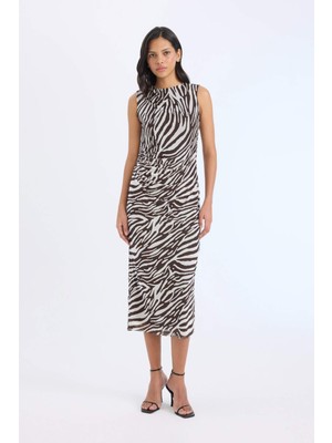 DeFacto Bodycon Vücudu Saran Yarım Balıkçı Yaka Zebra Desenli Tül Kolsuz Midi Elbise E2903AX25SP