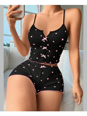 Intive Lingerie Lily Bianca Kalp Desenli Siyah/pembe %100 Pamuk Croptop Mini Şort Pijama Takımı -13011
