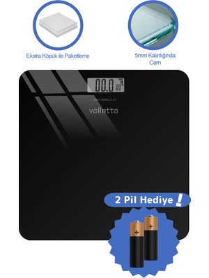 Valletta Echo Pil Hediyeli Dijital Cam Baskül Tartı 180 Kg Lcd Ekranlı Siyah