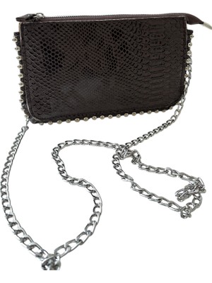 CEELDU Metal Boncuklu Şık Kadın Clutch Çapraz Zincir Askılı Çanta - Kahverengi