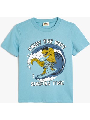 Koton Pamuklu Bisiklet Yaka Kısa Kollu Dinozor Baskılı Tişört