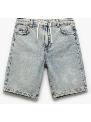 Koton Denim Şort Beli Bağlamalı Düğmeli Cepli Erkek Çocuk Mavi Desensiz Pamuklu Rahat Fit