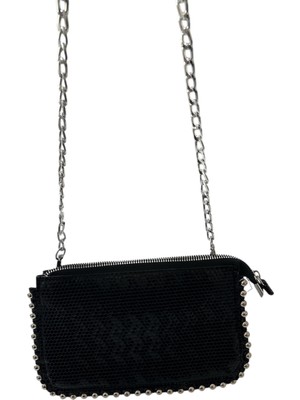 Metal Boncuklu Şık Kadın Clutch Çapraz Zinci Askılı Çanta - Siyah