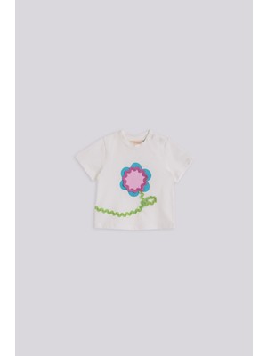 GB Baby Bg Store Kız Çocuklar İçin Beyaz Tshirt Normal Kol Bisiklet Yaka Örme Kumaş