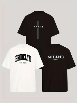 3 Lü Paket Baskılı Beyaz Siyah T-Shirt Oversize Salaş Ünisex