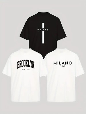 3 Lü Paket Baskılı Beyaz Siyah T-Shirt Oversize Salaş Ünisex