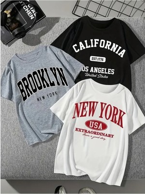 3 Lü Baskılı Beyaz Siyah Gri T-Shirt Oversize Salaş Ünisex