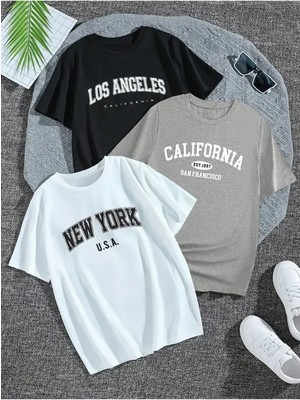 3 Lü Baskılı Beyaz Siyah Gri T-Shirt Oversize Salaş Ünisex