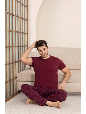 Bie's Erkek Ekose Desen Düğmesiz Yuvarlak Yaka Modal Yazlık Kısa Kol Cepli Pijama Takımı