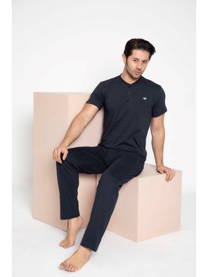 Bie's Erkek Ekose Desen 3 Düğmeli Bisiklet Yaka Bilek Manşetli Modal Mevsimlik Uzun Kol Cepli Pijama Takımı