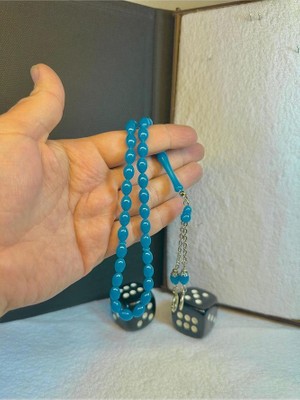 Anemore Collection Toz Kehribar Tesbih Arpa Kesim Mavi Renkli T-21