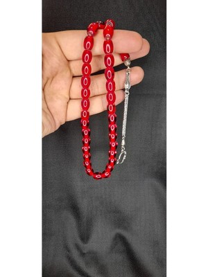 Anemore Collection Sıkma Çubuk Kehribar Tesbih Fıçı Kesim Kırmızı Renk T-302