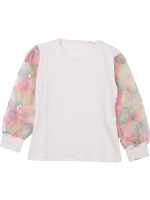 İrem Çocuk Giyim Kız Çocuk Kolları Tüllü Çiçek Detaylı Beyaz Renk Bluz